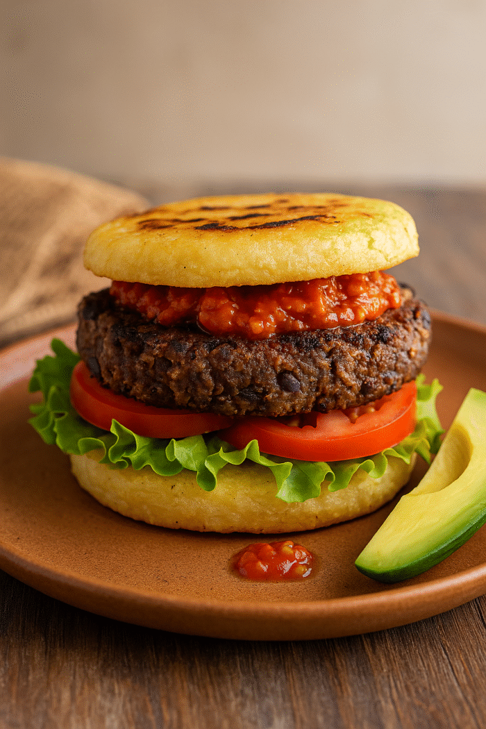 Pack de Productos para cocinar "Arepa-Burger con hamburguesa de fríjoles y salsa de ají (2 porciones)" - Imagen 1